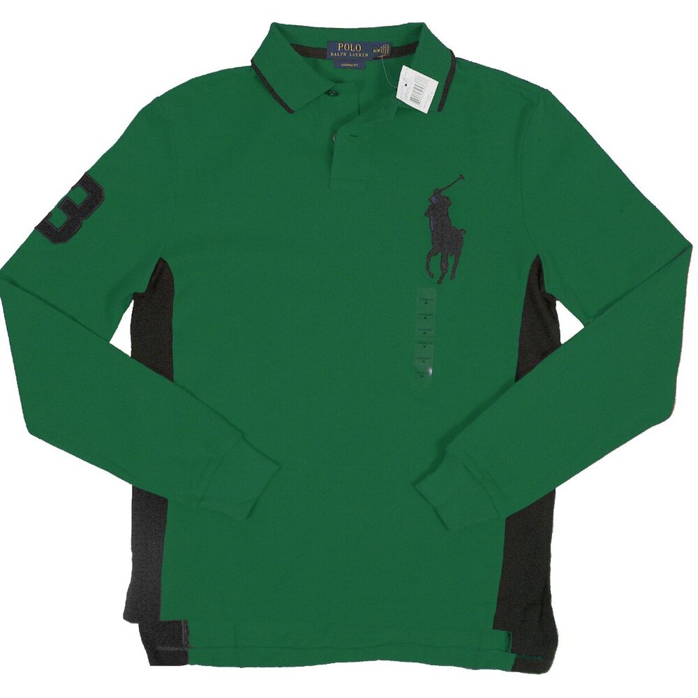 NEW $125 Polo Ralph Lauren Big Pony Polo Shirt!  Green & Black  Long Sleeve SLIM